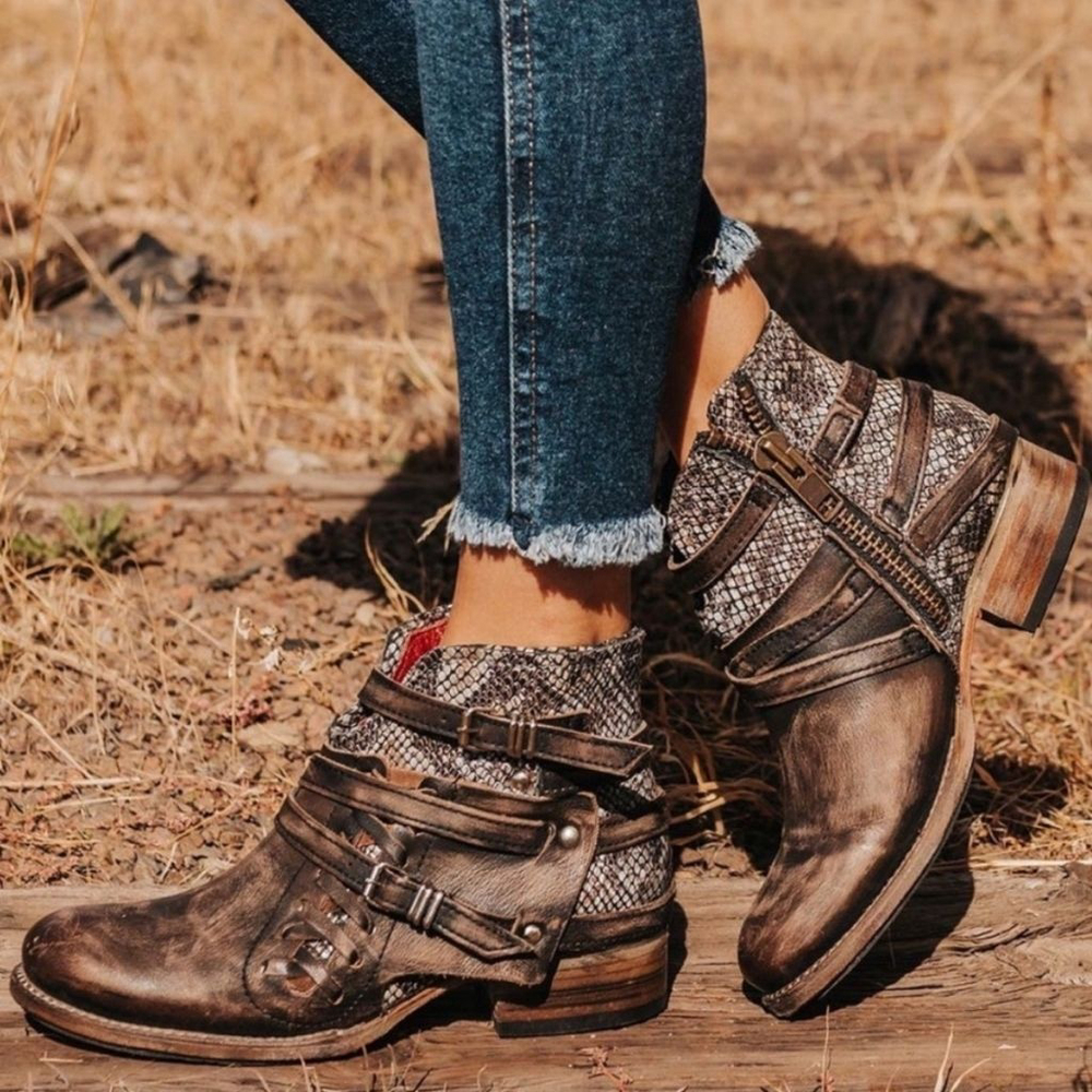 Freebird Belfast strappy ankle boots dark brown snake print distressed women's 8 - Picture 1 of 9